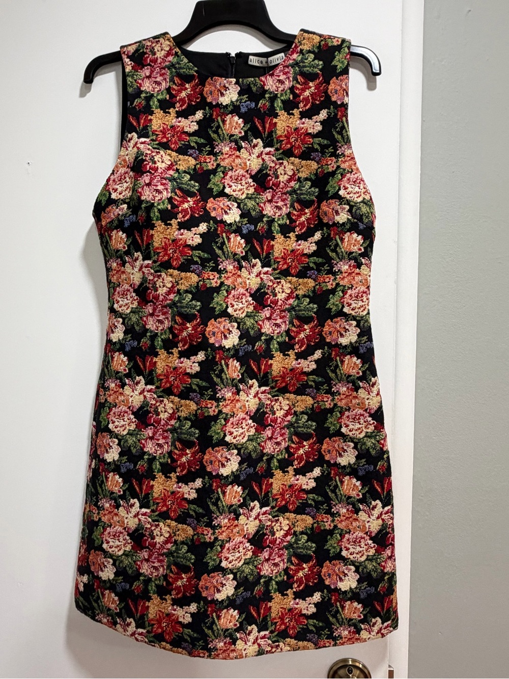 Alice + Olivia Black Floral Jacquard Mini Dress with Red, Pink & Green Blooms